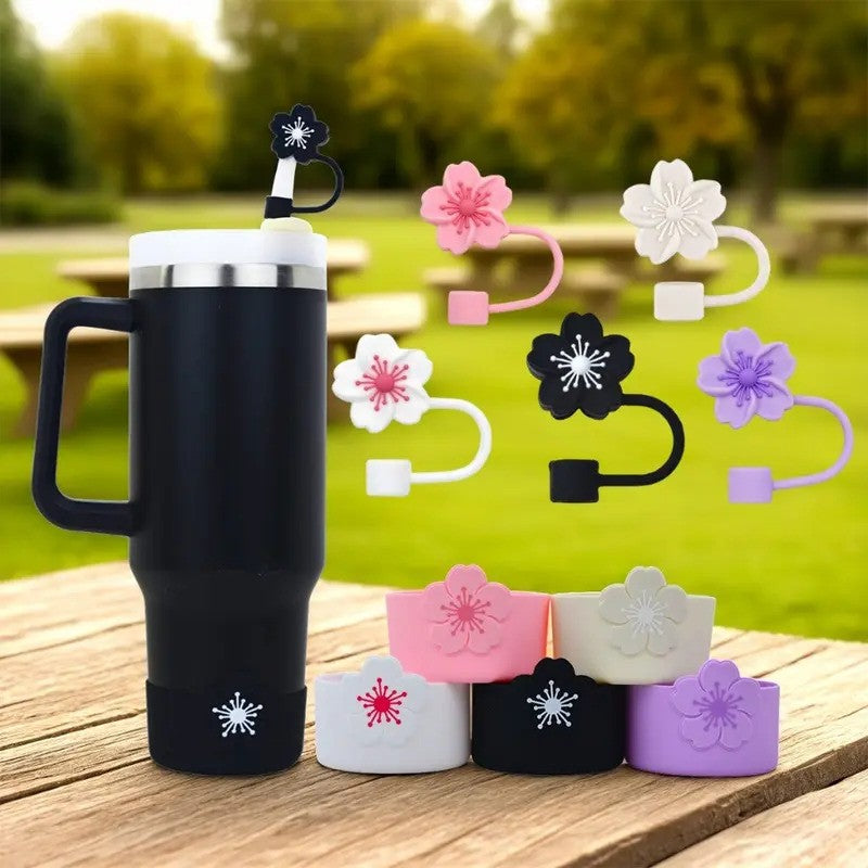 Flower Tumbler Silicone Boot with Matching Straw cover and Glitter Straw