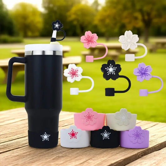 Flower Tumbler Silicone Boot with Matching Straw cover and Glitter Straw