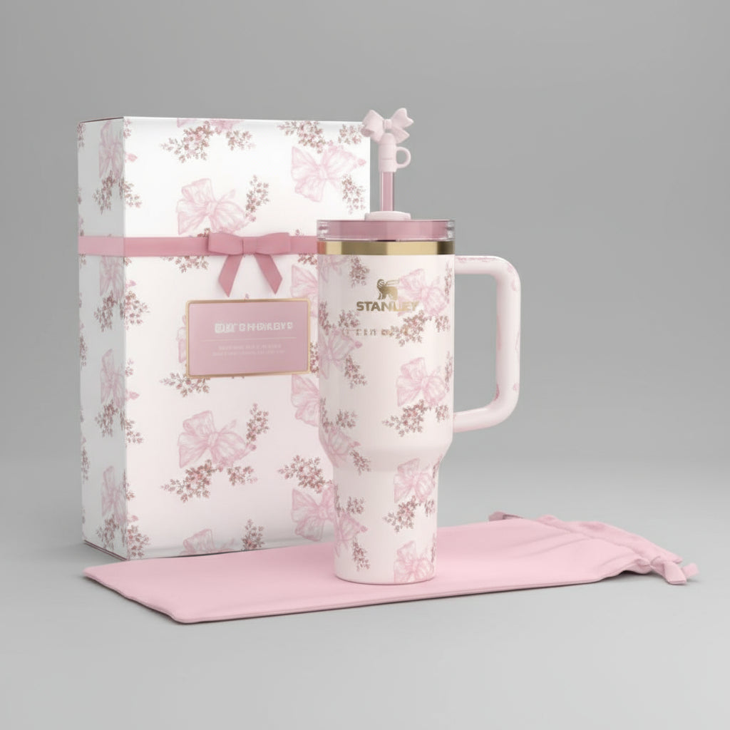 The Stanley X LoveShackFancy Holiday Quencher Pink (WITH FREE INSULATED COFEE MUG)