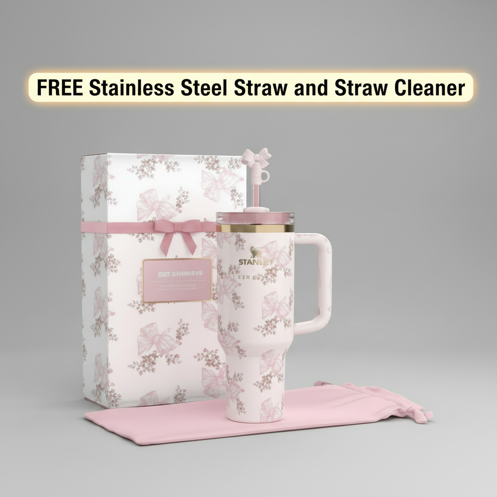 The Stanley X LoveShackFancy Holiday Quencher Pink (Freee Stainless Steel Straw & Straw Cleaner)